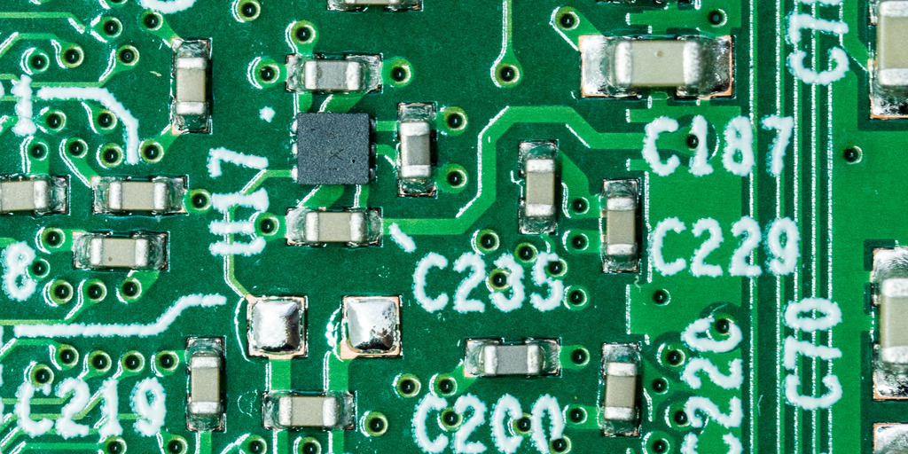 Detailed view of a printed circuit board.