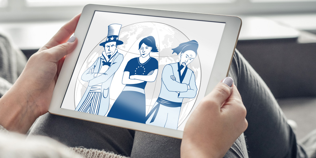 Tablet mit einer Karikatur, die drei Figuren zeigt, die China, die USA und Europa symbolisieren
