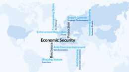 Cover der Studie Geoökonomische Werkzeuge der EU. Eine in Türkis gehaltene Weltkarte versehen mit zentralen Begriffen aus der Studie