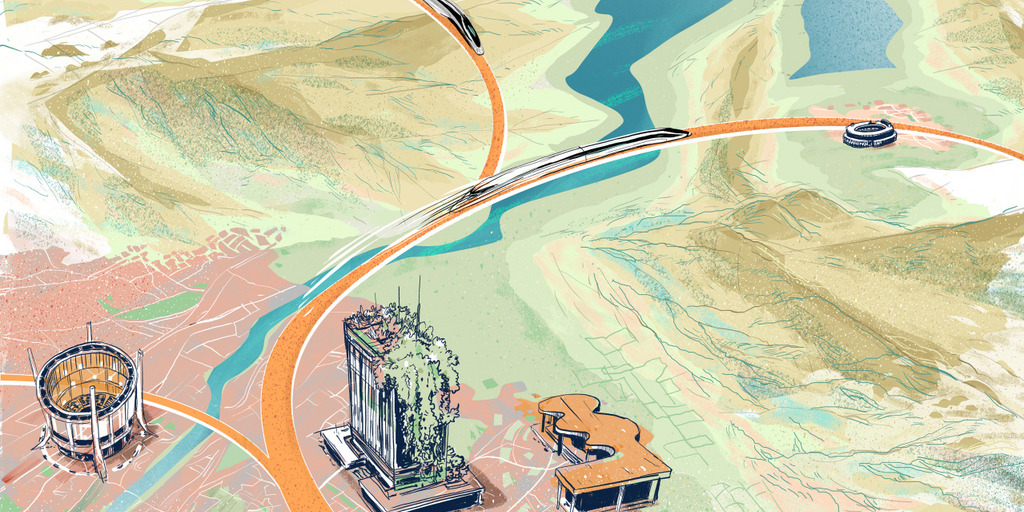 Die Grafik zeigt einen Ausschnitt der Landkarte des fiktiven Landes Sustaineo im Jahr 2030: Zu sehen sind eine Stadt, geschwungene Gleisstrecken, Wiesen, Berge, ein Fluss, futuristische Gebäude und zwei futuristische Schnellzüge.