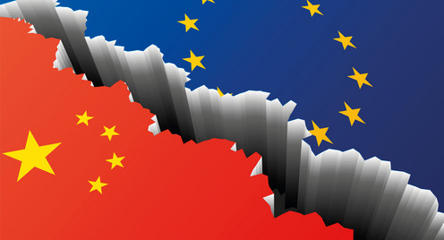 Detailed illustration of the European and Chinese Flag with a deep crack, symbol for crisis and problems