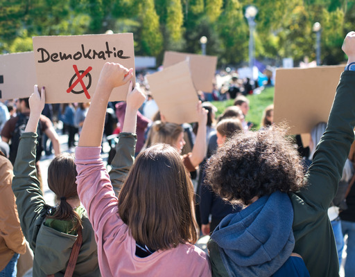 Eine Gruppe von Demonstrant:innen ist von hinten zu sehen. Sie halten Pappschilder in die Höhe, auf einem der Schilder steht das Wort "Demokratie".