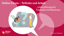 Ein Mann sitzt im Sessel und eine Frau steht und in der Mitte steht ein großes Fragezeichen