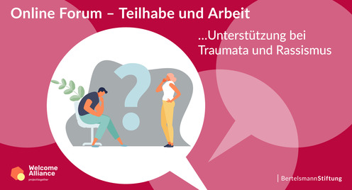 Ein Mann sitzt im Sessel und eine Frau steht und in der Mitte steht ein großes Fragezeichen