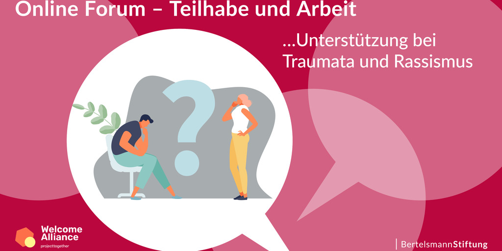 Ein Mann sitzt im Sessel und eine Frau steht und in der Mitte steht ein großes Fragezeichen