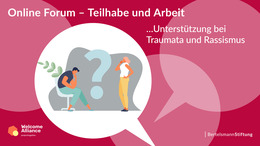 Ein Mann sitzt im Sessel und eine Frau steht und in der Mitte steht ein großes Fragezeichen