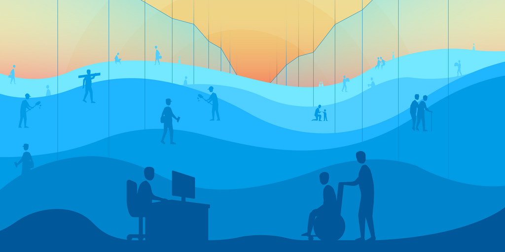 Eine blau-orange Grafik mit schattierten Wellen und Silhouetten von Menschen in verschiedenen Arbeits- und Alltagssituationen. Im Vordergrund sitzt links eine Person an einem Schreibtisch vor dem Computer, während rechts eine stehende Person einen Rollstuhlfahrer schiebt.