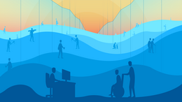 Eine blau-orange Grafik mit schattierten Wellen und Silhouetten von Menschen in verschiedenen Arbeits- und Alltagssituationen. Im Vordergrund sitzt links eine Person an einem Schreibtisch vor dem Computer, während rechts eine stehende Person einen Rollstuhlfahrer schiebt.