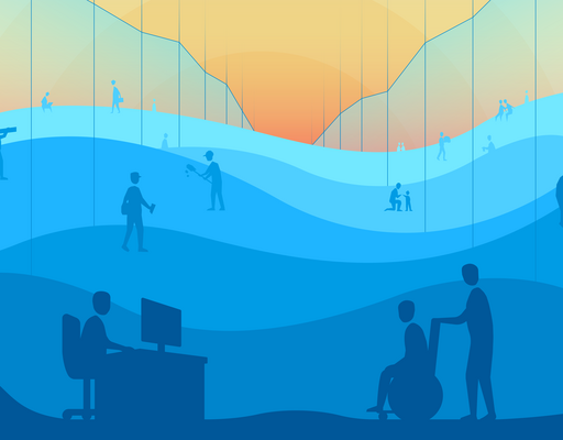 Eine blau-orange Grafik mit schattierten Wellen und Silhouetten von Menschen in verschiedenen Arbeits- und Alltagssituationen. Im Vordergrund sitzt links eine Person an einem Schreibtisch vor dem Computer, während rechts eine stehende Person einen Rollstuhlfahrer schiebt.