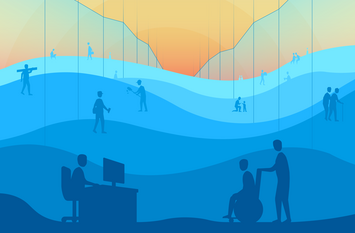 Eine Grafik zeigt Silhouetten von Menschen in verschiedenen Arbeits- und Alltagssituationen. Im Vordergrund sitzt links eine Person an einem Schreibtisch vor dem Computer, w&auml;hrend rechts eine stehende Person einen Rollstuhlfahrer schiebt.
