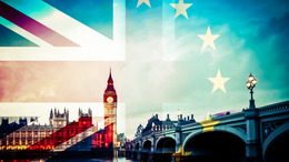 brexit concept - Union Jack flag and EU flag combined over iconic London landmarks 
