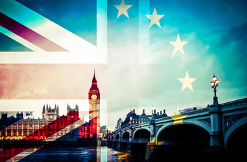 Union Jack flag and EU flag combined over iconic London landmarks