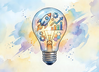 Gl&uuml;hbirne mit Rakete, Zahnr&auml;dern und Wachstumssymbolen im Inneren auf aquarelliertem Hintergrund, die f&uuml;r Innovation, Kreativit&auml;t und Konzepte zur Unternehmensentwicklung stehen.