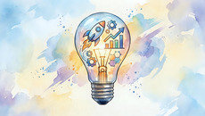Light bulb with rocket, gears and growth symbols inside on watercolor background representing innovation, creativity and business development concepts.(© © Yuliia - stock.adobe.com / KI-generiert)