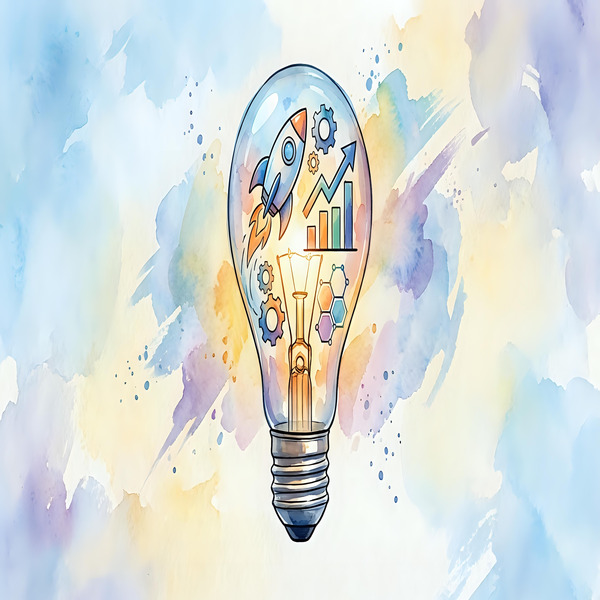 Light bulb with rocket, gears and growth symbols inside on watercolor background representing innovation, creativity and business development concepts.(© © Yuliia - stock.adobe.com / KI-generiert)
