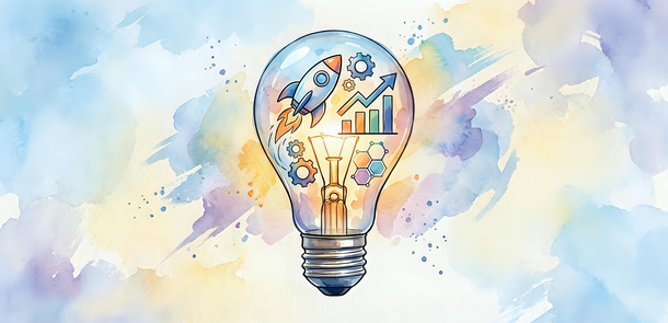 Light bulb with rocket, gears and growth symbols inside on watercolor background representing innovation, creativity and business development concepts.(© © Yuliia - stock.adobe.com / KI-generiert)