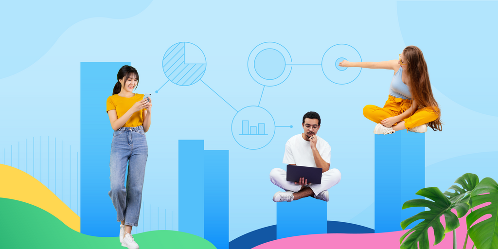 Drei junge Menschen sind von Symbolen umgeben, die für die Wirtschaft stehen.