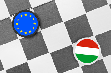 Two game pieces: one with Euroflag and the other one with hungarian flag.