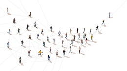 uftaufnahme einer sich bewegenden Menschenmenge, verbunden mit einer Linie, die die Kommunikation in der modernen Welt symbolisiert. Konzept des Internets, von Online-Diensten, sozialen Medien und Technologie.