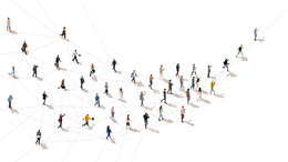 Luftaufnahme einer sich bewegenden Menschenmenge, verbunden mit einer Linie, die die Kommunikation in der modernen Welt symbolisiert. Konzept des Internets, von Online-Diensten, sozialen Medien und Technologie.