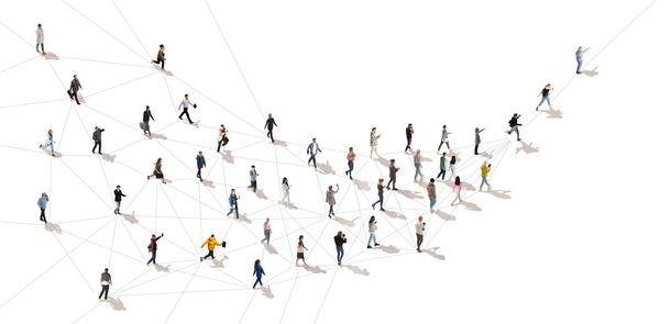 Aerial view on crowd of people in motion connected with line symbolizing communication in modern world. Concept of Internet, online services, social media, technology(© © master1305 - stock.adobe.com)