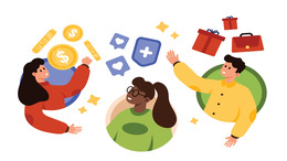 Drei junge, diverse Personen sind in kreisförmigen Ausschnitten dargestellt. Sie interagieren mit schwebenden Symbolen, die für digitale Teilhabe, Finanzen und Karriere stehen: Dollar-Münzen, Social-Media-Icons (Herz/Schild), Geschenke und eine Aktentasche. Moderner, flacher Illustrationsstil auf weißem Hintergrund.