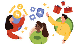 Drei junge, diverse Personen sind in kreisförmigen Ausschnitten dargestellt. Sie interagieren mit schwebenden Symbolen, die für digitale Teilhabe, Finanzen und Karriere stehen: Dollar-Münzen, Social-Media-Icons (Herz/Schild), Geschenke und eine Aktentasche. Moderner, flacher Illustrationsstil auf weißem Hintergrund.