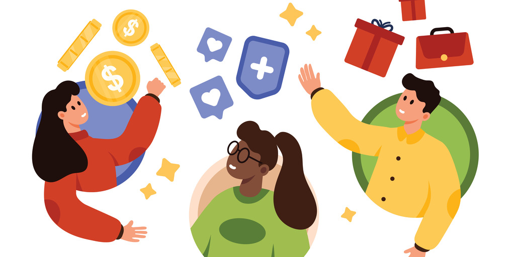 Drei junge, diverse Personen sind in kreisförmigen Ausschnitten dargestellt. Sie interagieren mit schwebenden Symbolen, die für digitale Teilhabe, Finanzen und Karriere stehen: Dollar-Münzen, Social-Media-Icons (Herz/Schild), Geschenke und eine Aktentasche. Moderner, flacher Illustrationsstil auf weißem Hintergrund.