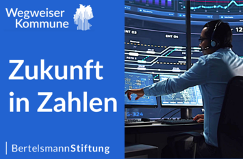 Links ein blauer Hintergrund mit dem Text "Zukunft in Zahlen"