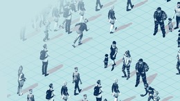 Drawing of a large group of people running in different directions
