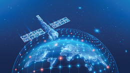 Realistic space communication satellite flies over the surface of planet Earth.