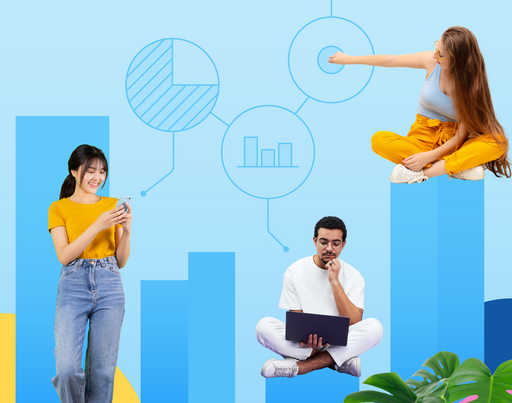 Drei junge Menschen sind von Symbolen umgeben, die für die Wirtschaft stehen.