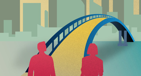 Grafik 2 Personen stehen vor einer Brücke