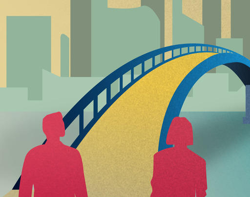 Eine Zeichnung zeigt eine Frau und einen Mann, die vor einer Brücke stehen, die in ein Großstadt-Viertel mit vielen Hochhäusern führt.