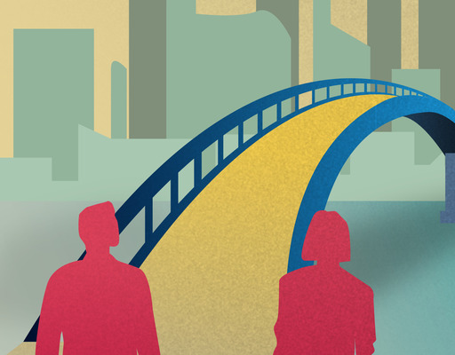 Eine Zeichnung zeigt eine Frau und einen Mann, die vor einer Brücke stehen, die in ein Großstadt-Viertel mit vielen Hochhäusern führt.