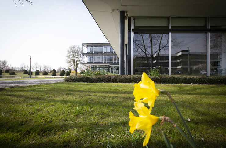 Stiftungsgeb&auml;ude mit Fr&uuml;hlingsbl&uuml;her zu sehen