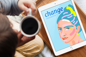Tablet mit dem Cover vom change Magazin zu sehen