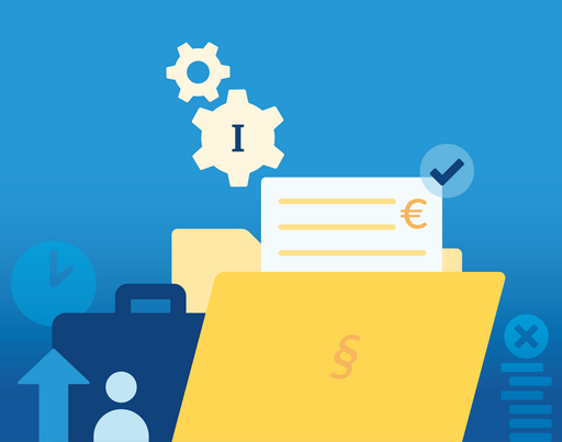 Das Bild zeigt eine minimalistische, flache Grafik (Flat Design) auf einem hellblau-dunkelblau verlaufenden Hintergrund. Es kombiniert verschiedene Symbole aus den Bereichen Recht, Finanzen, Verwaltung und Arbeit.