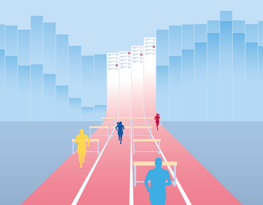 Die Illustration zeigt vier stilisierte Läufer in verschiedenen Farben (Gelb, Dunkelblau, Hellblau, Rot) sprinten auf einer roten Laufbahn über Hürden. Die Laufbahn krümmt sich im Hintergrund steil nach oben und geht nahtlos in einen Wahlzettel über.