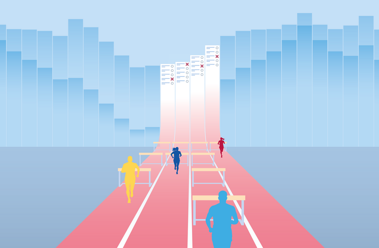 Die Illustration zeigt vier stilisierte L&auml;ufer in verschiedenen Farben (Gelb, Dunkelblau, Hellblau, Rot) sprinten auf einer roten Laufbahn &uuml;ber H&uuml;rden. Die Laufbahn kr&uuml;mmt sich im Hintergrund steil nach oben und geht nahtlos in einen Wahlzettel &uuml;ber. 