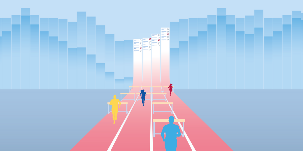 Die Illustration zeigt vier stilisierte Läufer in verschiedenen Farben (Gelb, Dunkelblau, Hellblau, Rot) sprinten auf einer roten Laufbahn über Hürden. Die Laufbahn krümmt sich im Hintergrund steil nach oben und geht nahtlos in einen Wahlzettel über. 