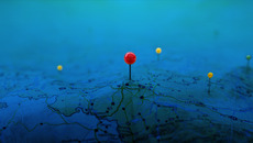 Pins on a geographic map curved like mountains. Pinning a location on a map with mountains. Adventure, discovery, navigation, geography, mountaineering, rock climbing, hike  and travel concept background.(© stock.adobe.com/Tryfonov)