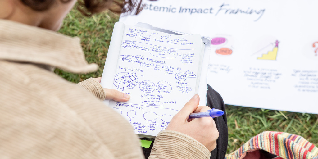 Eine Frau sitzt vor einer Grafik zum Thema "Systemic Impact Framing", die vor ihr auf dem Gras ausgebreitet ist, und macht sich dazu Notizen.