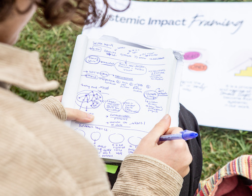 Eine Frau sitzt vor einer Grafik zum Thema "Systemic Impact Framing", die vor ihr auf dem Gras ausgebreitet ist, und macht sich dazu Notizen.
