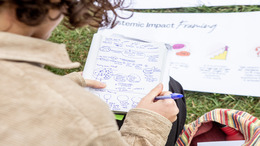 Eine Frau sitzt vor einer Grafik zum Thema "Systemic Impact Framing", die vor ihr auf dem Gras ausgebreitet ist, und macht sich dazu Notizen.