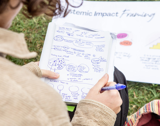 Eine Frau sitzt vor einer Grafik zum Thema "Systemic Impact Framing", die vor ihr auf dem Gras ausgebreitet ist, und macht sich dazu Notizen.