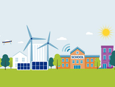 Illustration of a skyline with wind turbines and houses