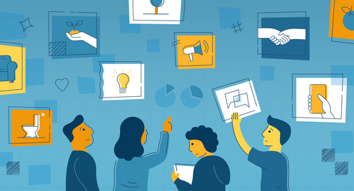 Titelbild echoUp Webseite - Illustration von vier Personen im Austausch, umgeben von Sprechblasen und Symbolen für Feedback, Kommunikation und Beteiligung.