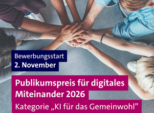 Kachel mit Bewerbungsfrist und Foto mit vielen H&auml;nden zu sehen.