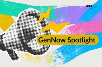 Titelbild des Newsletters GenNow Spotlight: Ein Megafon vor einem bunten Hintergrund und dem Schriftzug "GenNow Spotlight"